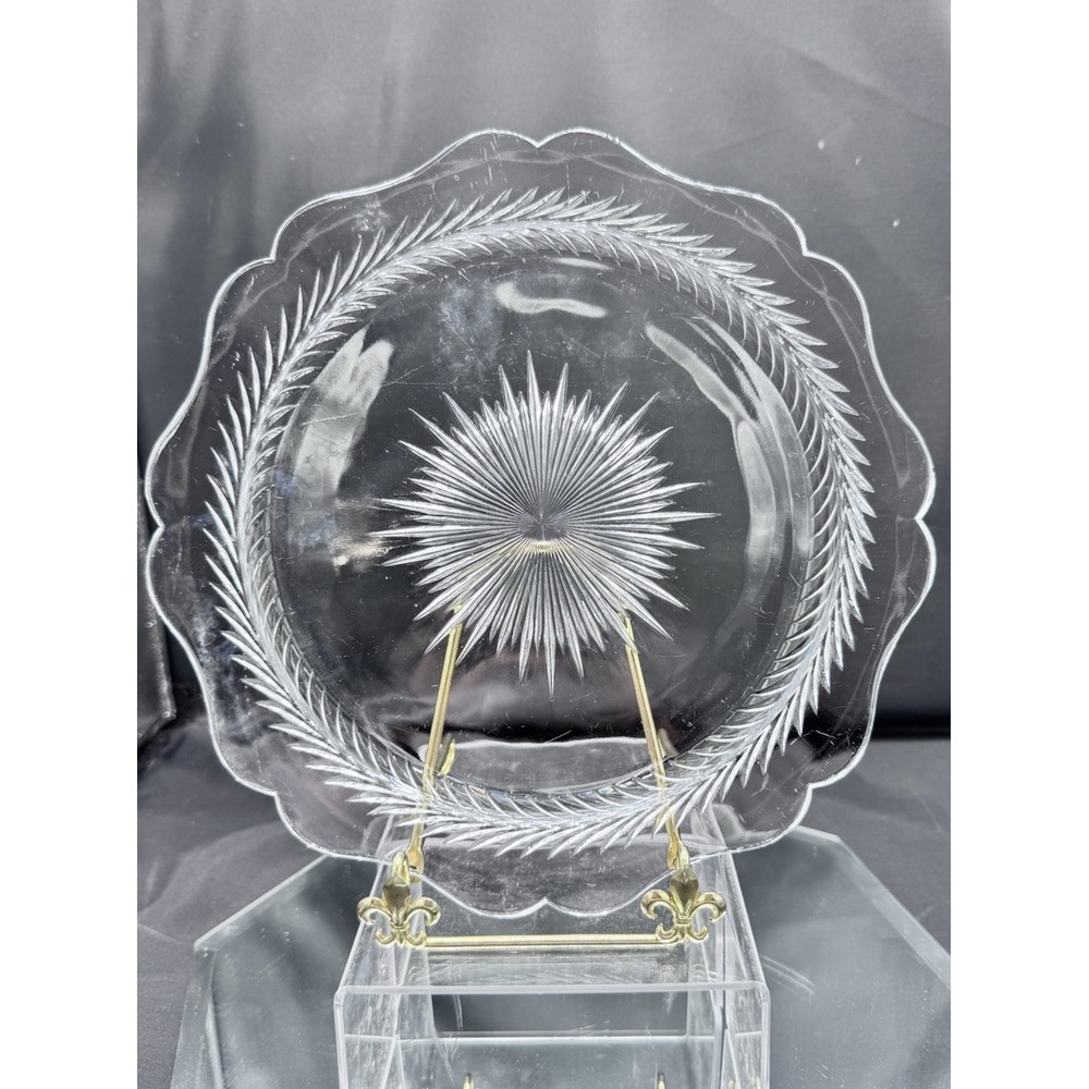 Jeannette Clear Glass Plate Sunburst Herringbone Pattern Vintage Cake‎ Plate
